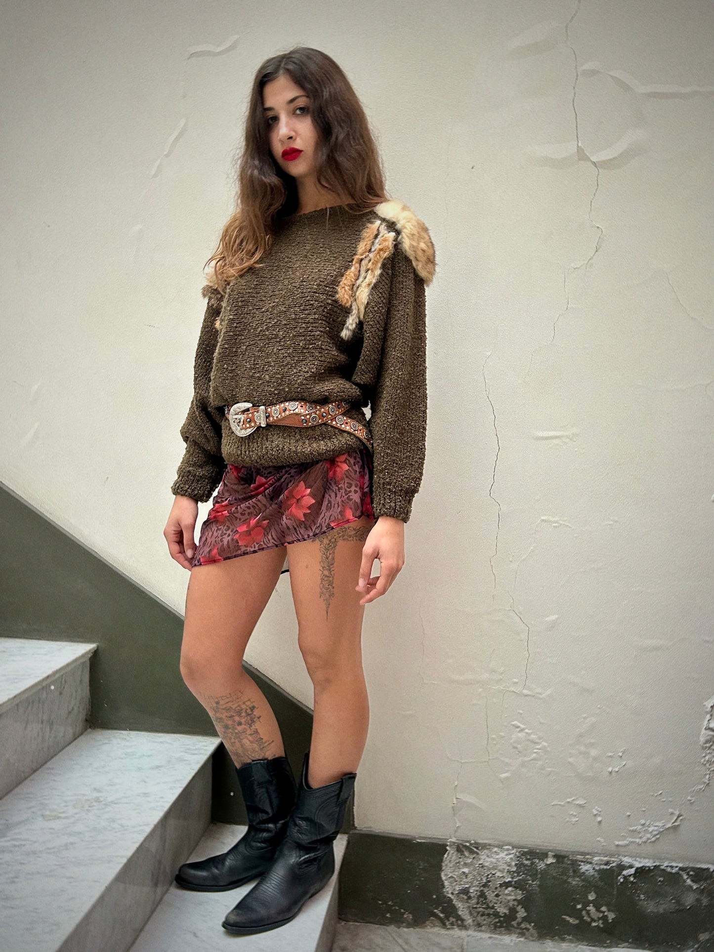 80s SWEATER WITH REAL FUR PATCHES