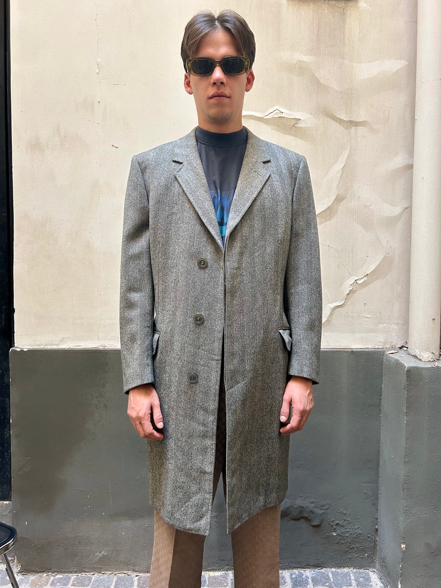 GREY WOOLBLEND HERRINGBONE OVERCOAT