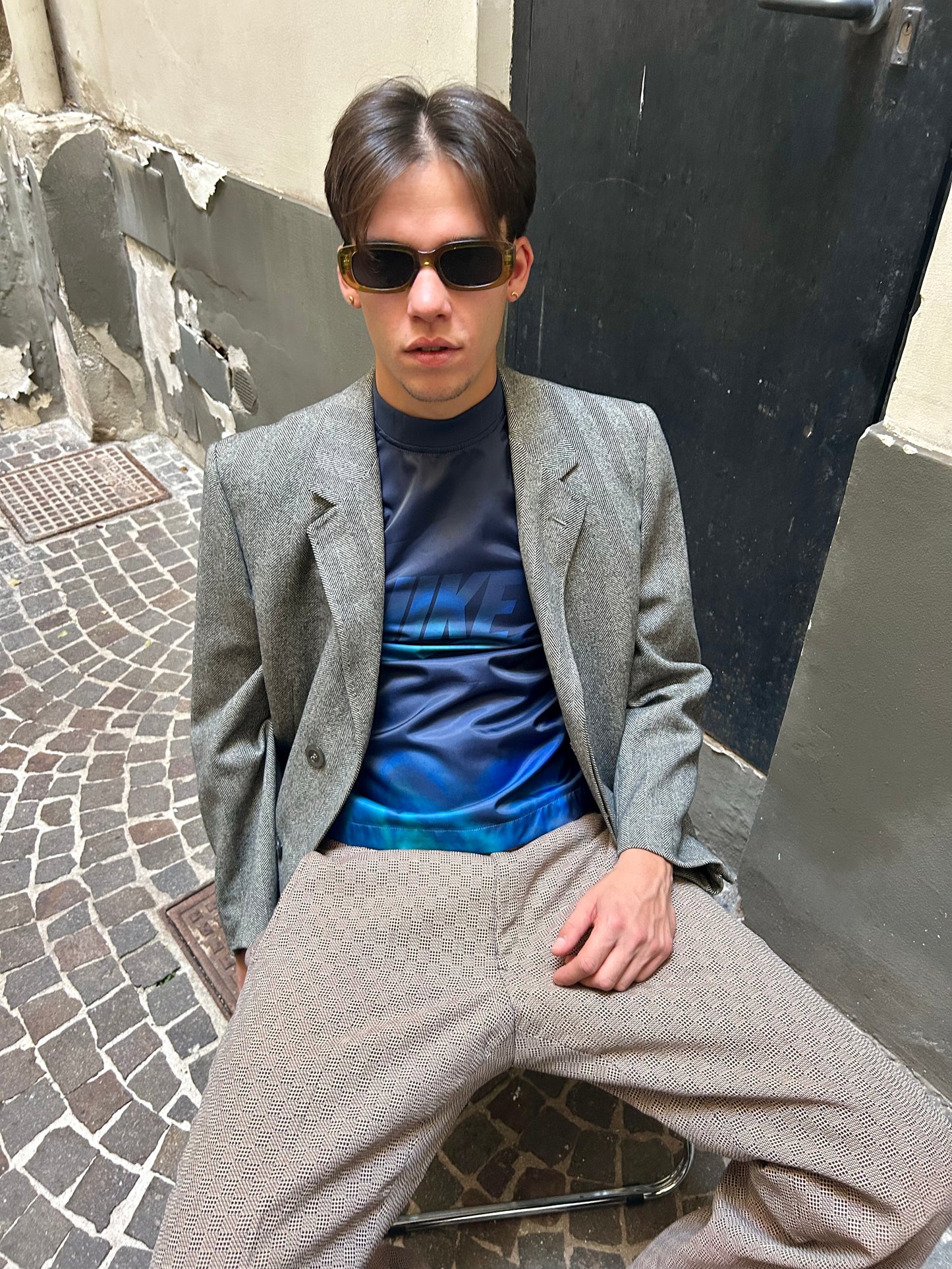 GREY WOOLBLEND HERRINGBONE OVERCOAT