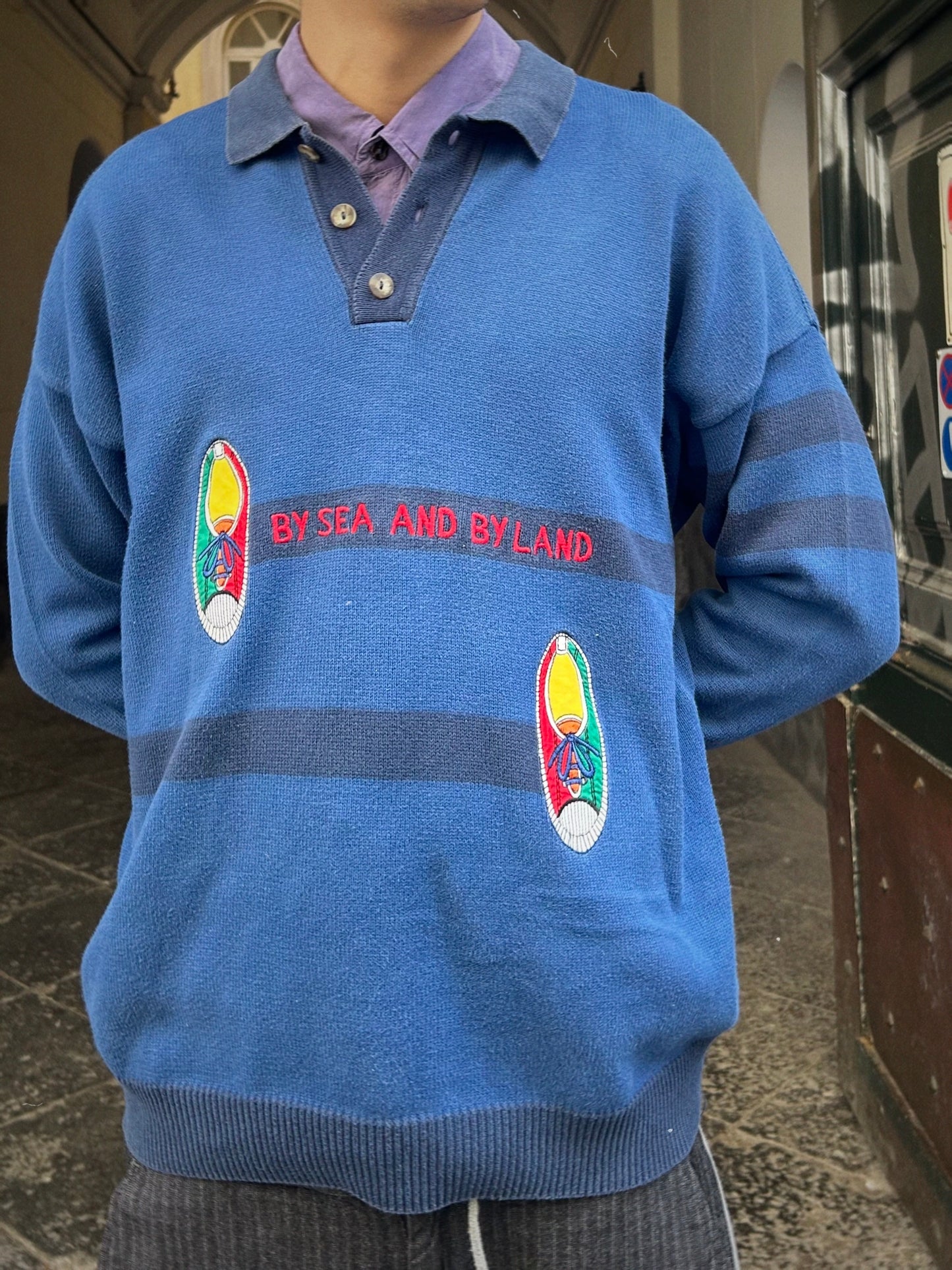Castelbajac Cotton Knit Polo Sweater – Embroidered Graphic – Made in Italy