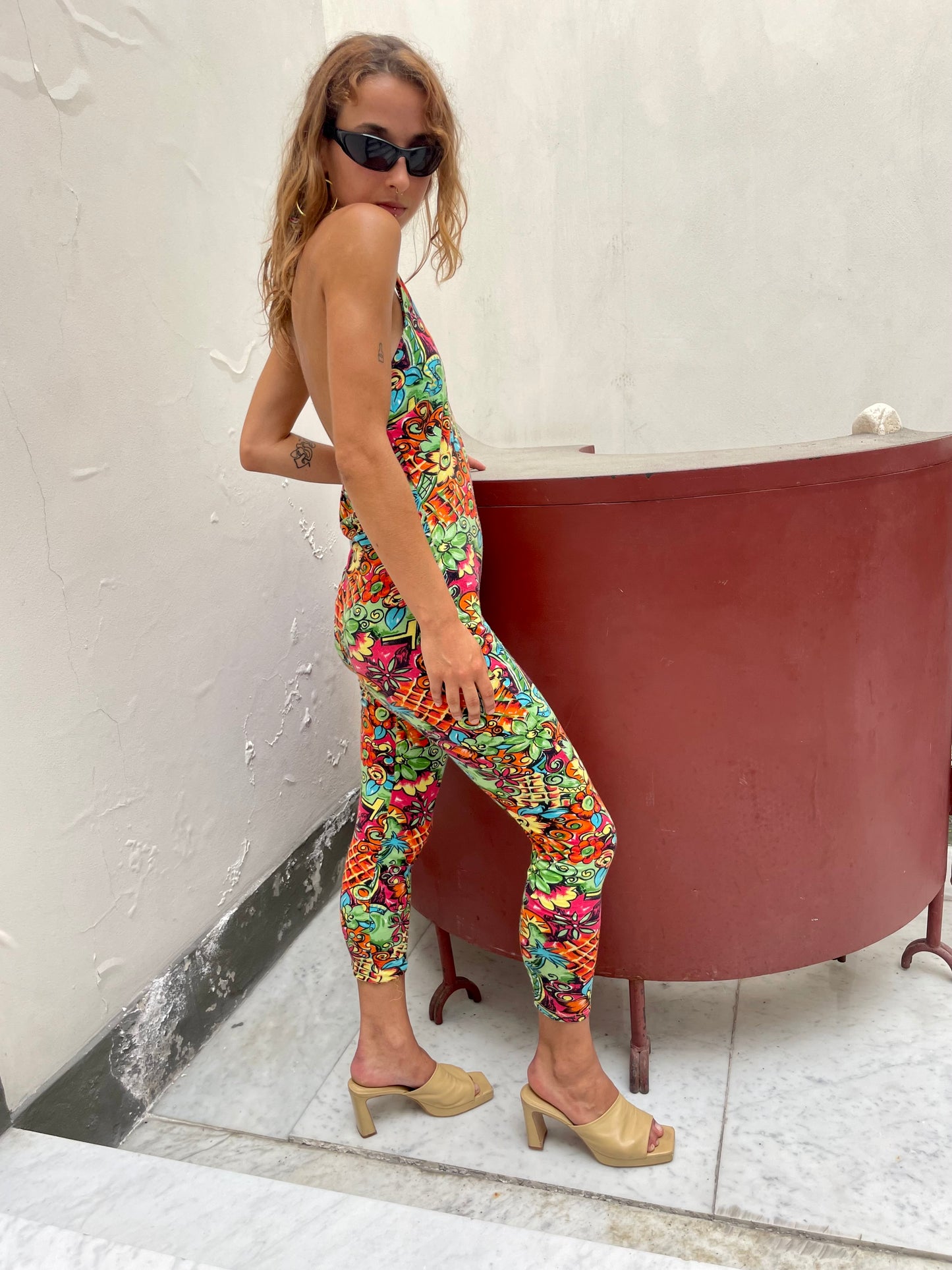 Vintage POP 84 Psychedelic Halter Jumpsuit. Open Back Y2K
