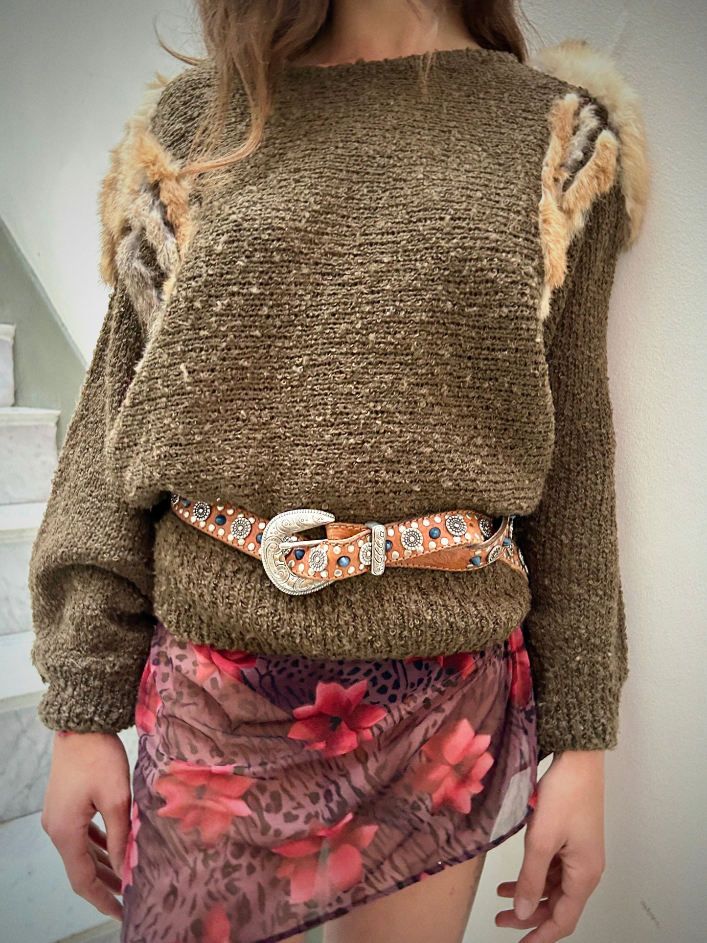 80s SWEATER WITH REAL FUR PATCHES