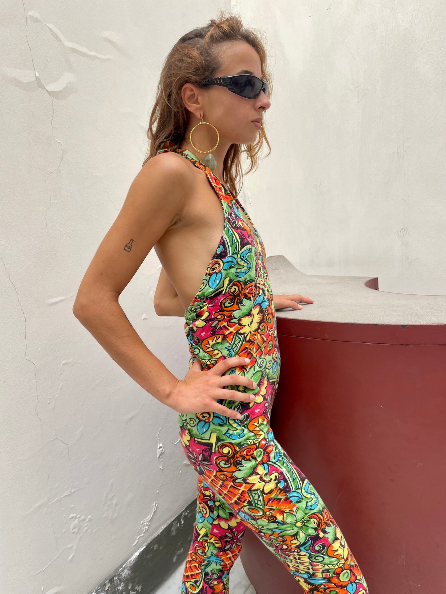 Vintage POP 84 Psychedelic Halter Jumpsuit. Open Back Y2K