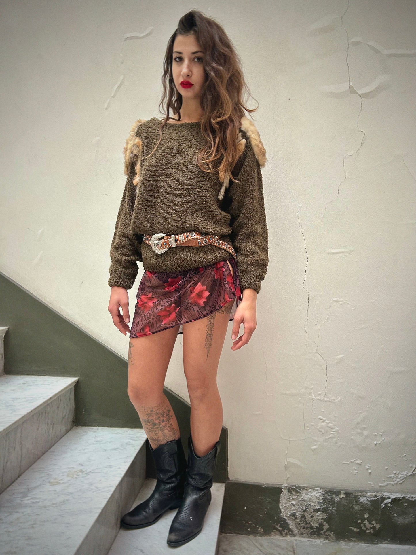 80s SWEATER WITH REAL FUR PATCHES