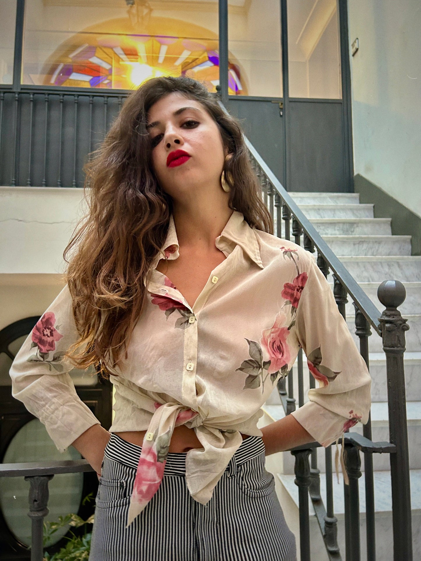 VINTAGE SHEER FLORAL SHIRT - soft beige rose print