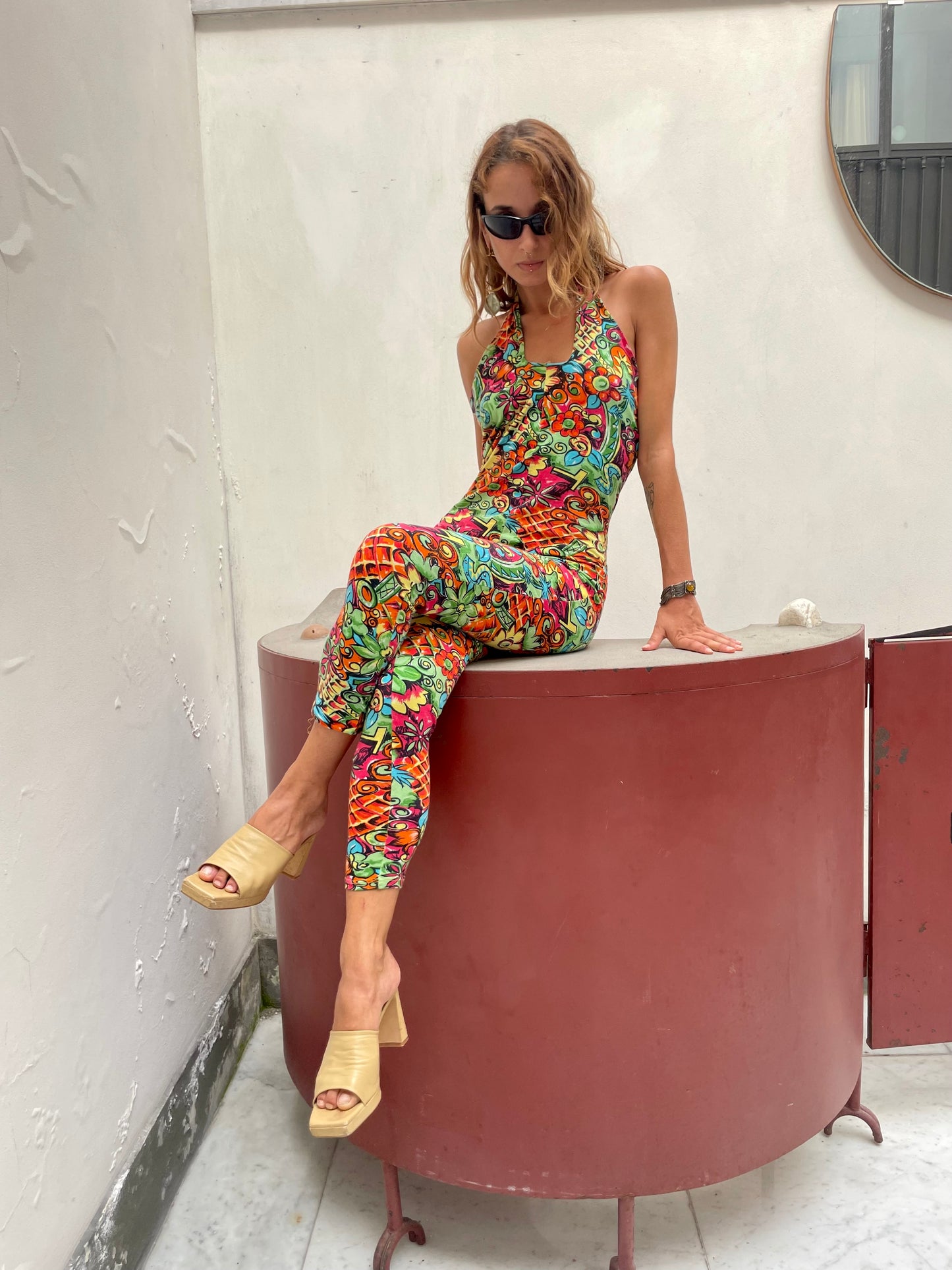 Vintage POP 84 Psychedelic Halter Jumpsuit. Open Back Y2K