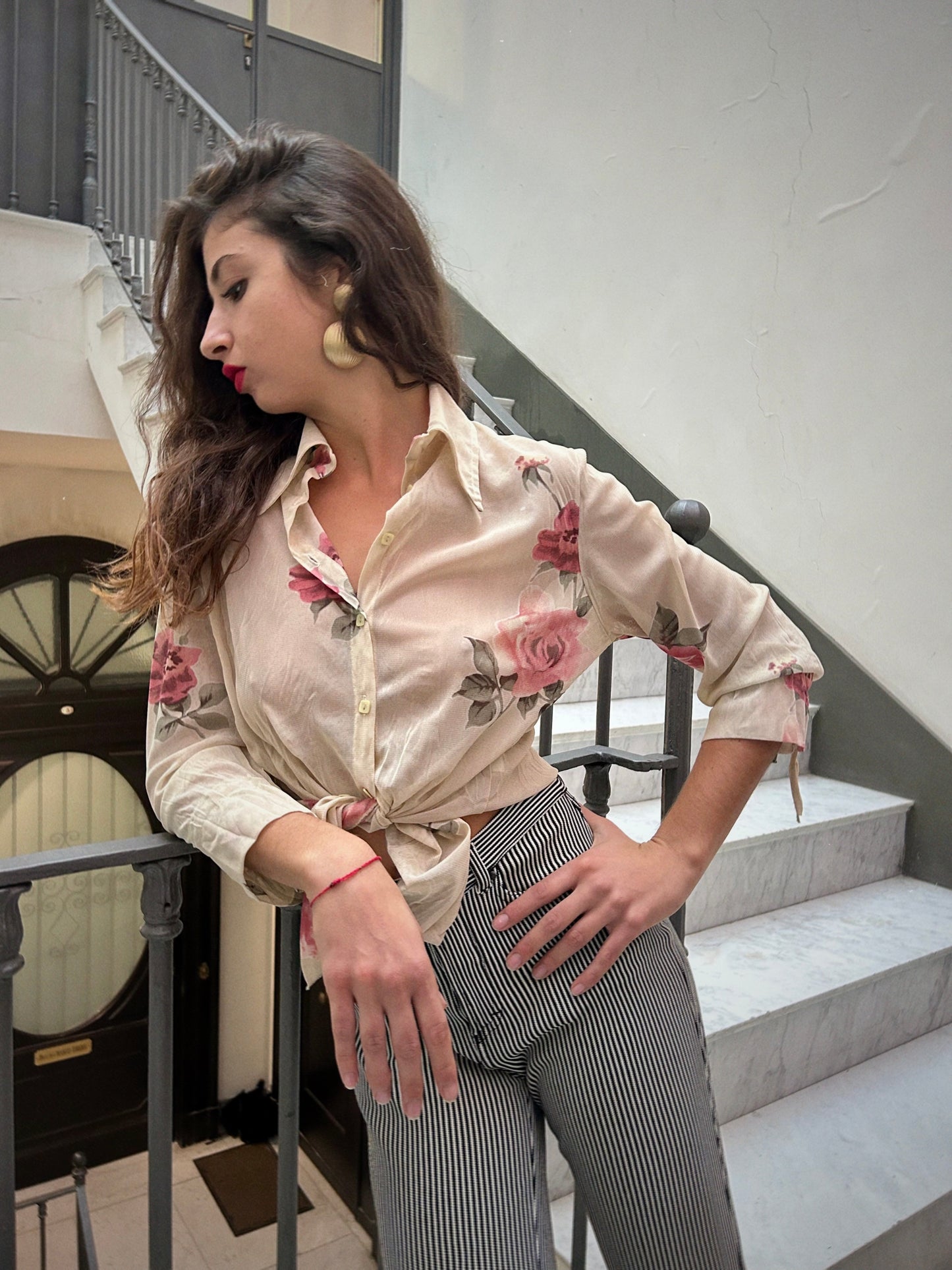 VINTAGE SHEER FLORAL SHIRT - soft beige rose print