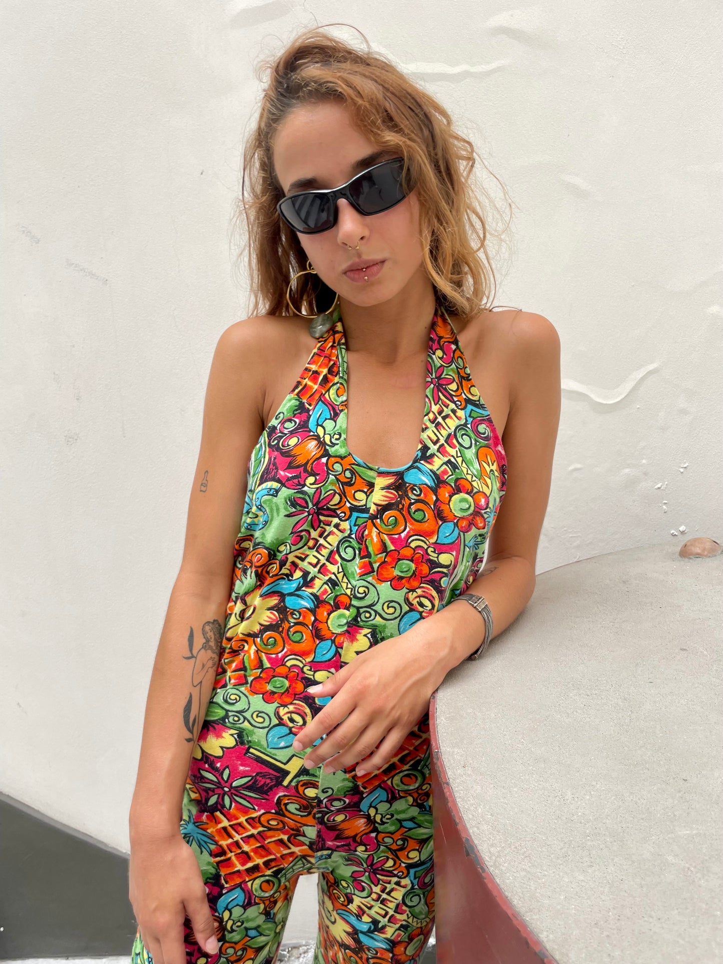 Vintage POP 84 Psychedelic Halter Jumpsuit. Open Back Y2K