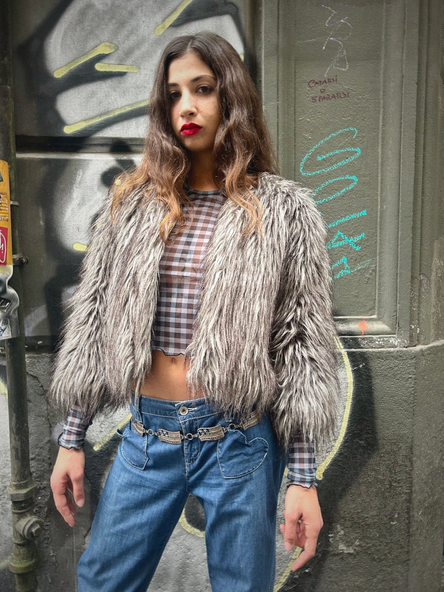 Y2K GREY FAUX FUR JACKET
