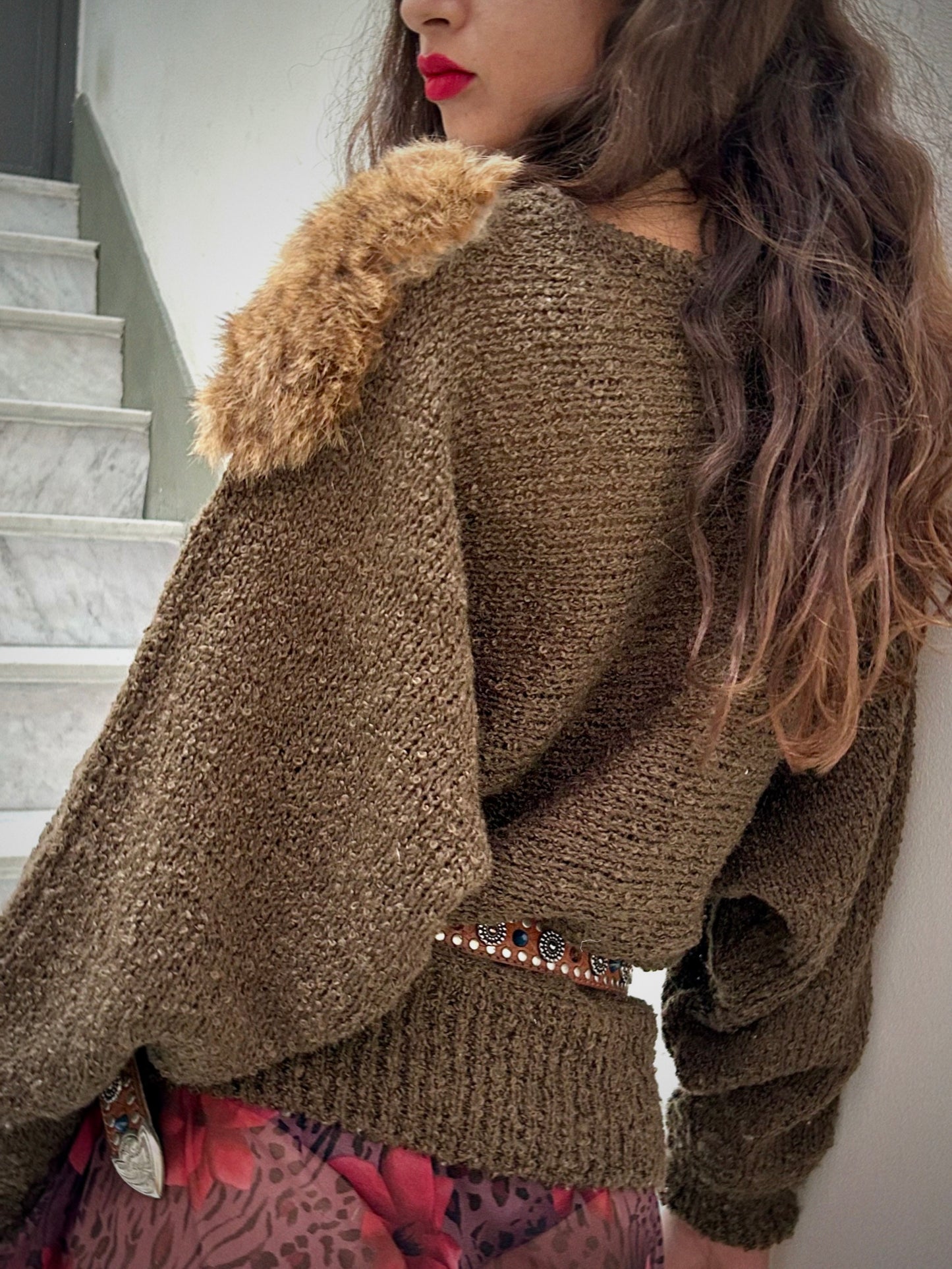 80s SWEATER WITH REAL FUR PATCHES