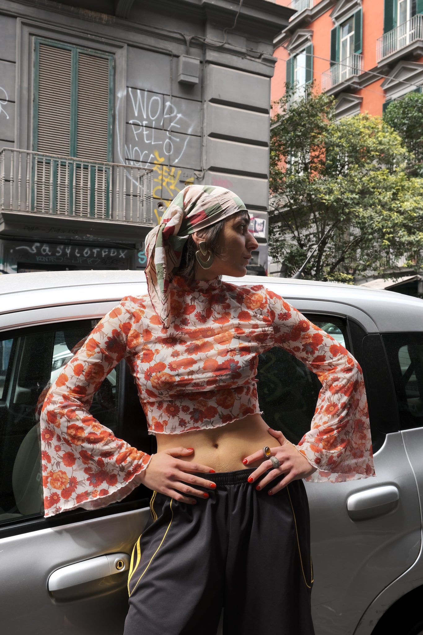 Floral Mesh Crop Top with Bell Sleeves