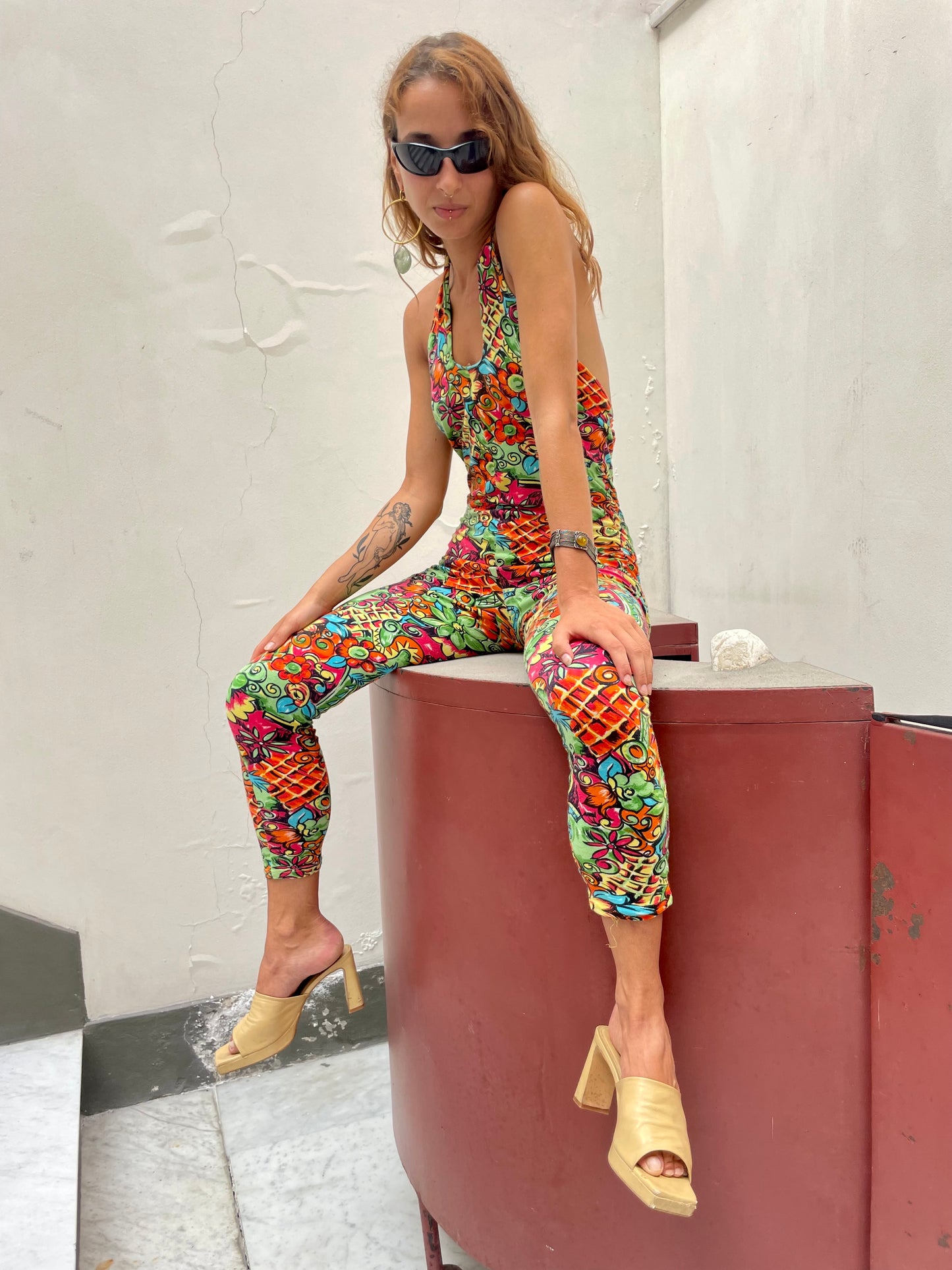 Vintage POP 84 Psychedelic Halter Jumpsuit. Open Back Y2K