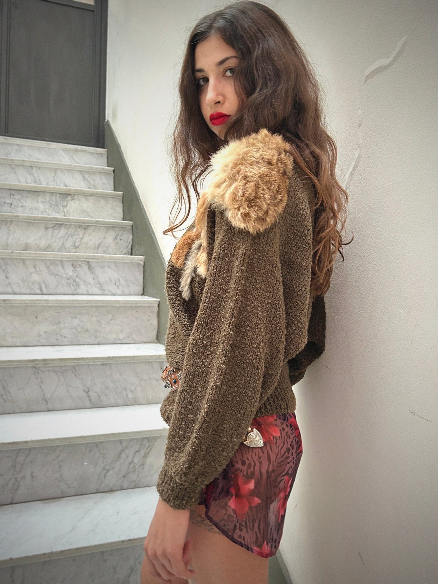 80s SWEATER WITH REAL FUR PATCHES