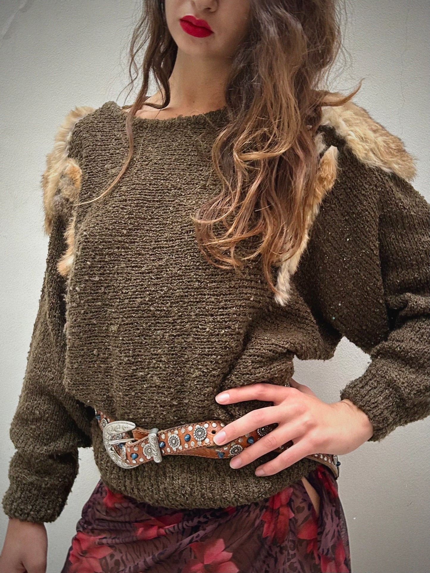 80s SWEATER WITH REAL FUR PATCHES