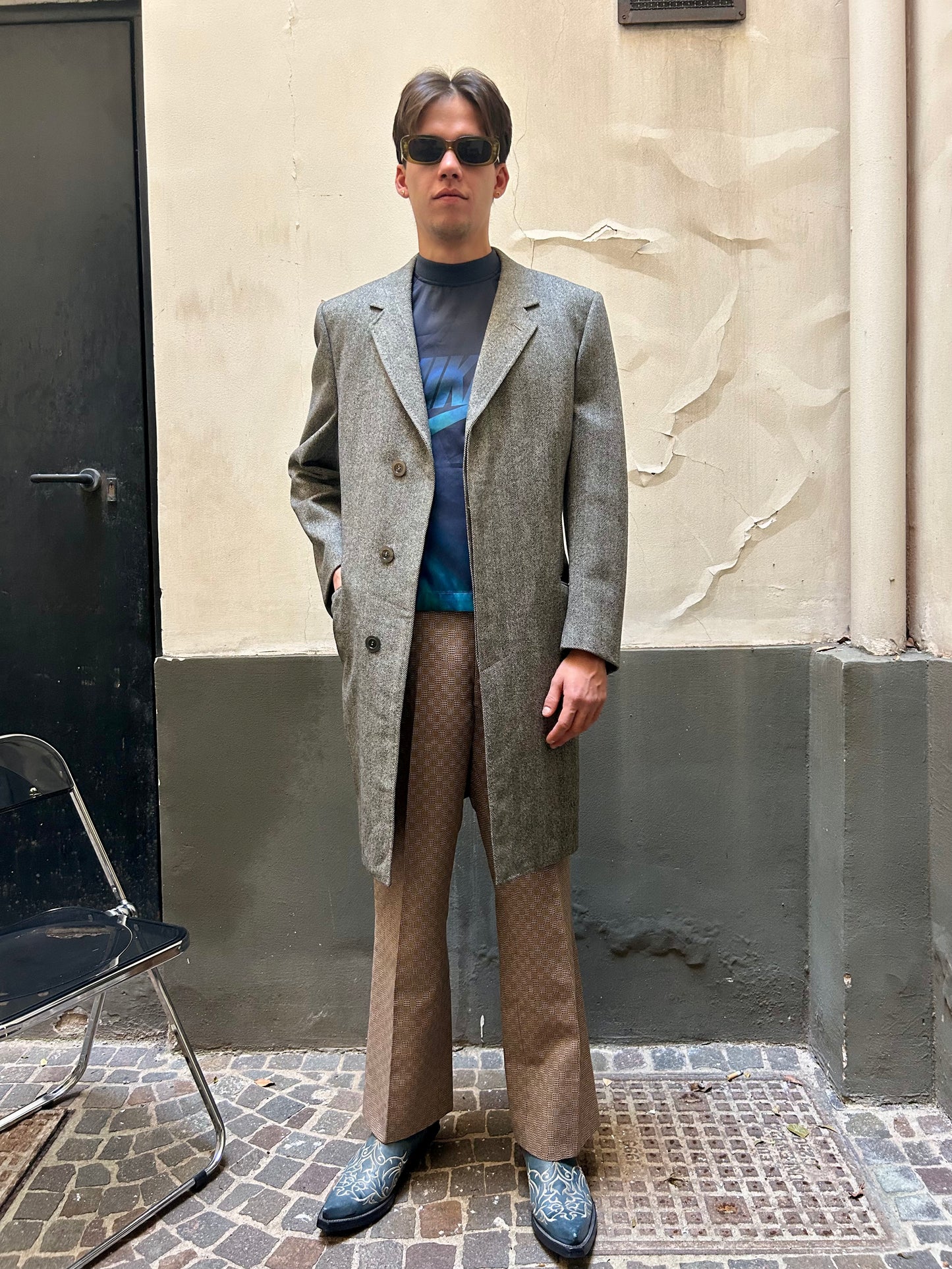 GREY WOOLBLEND HERRINGBONE OVERCOAT