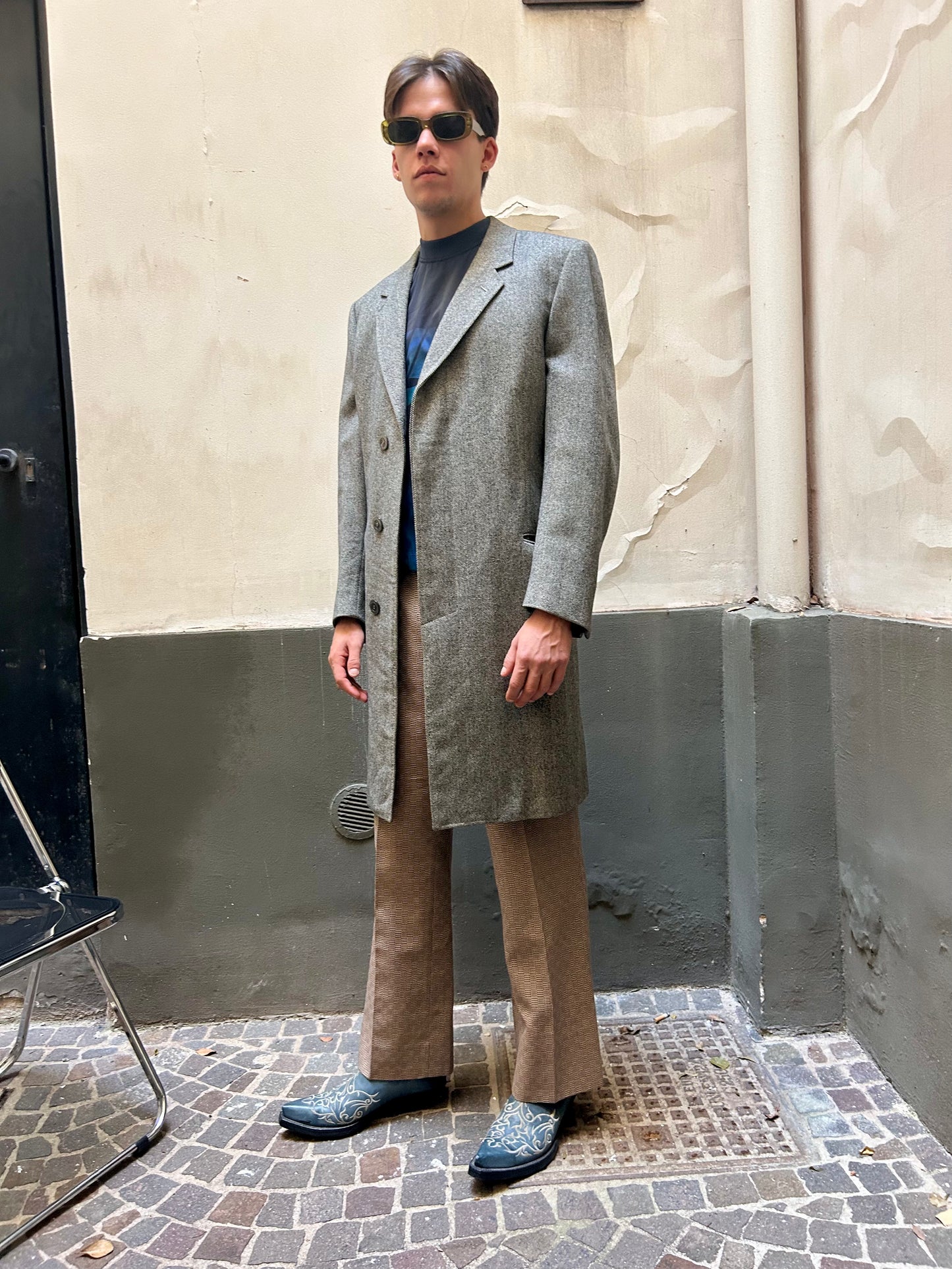 GREY WOOLBLEND HERRINGBONE OVERCOAT